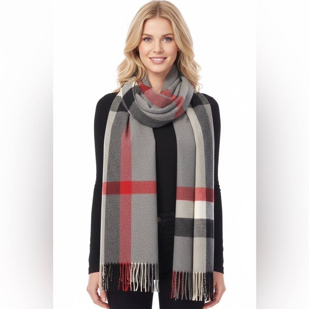 Large tartan blanket scarf with fringe for the winter